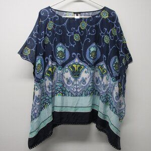 Talbots Cotton Silk Sheer Top Poncho Tunic Swim Cover Blue Floral sz Medium